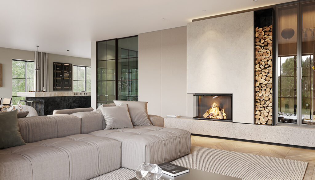 modular sofa with next to modern fireplace