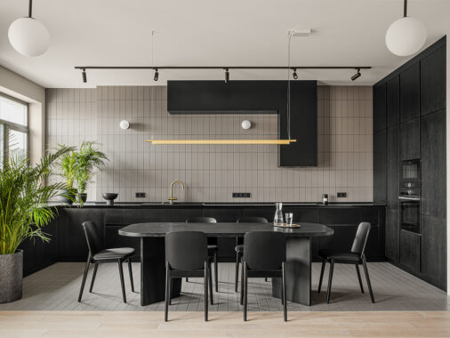 white and grey kitchen and dining