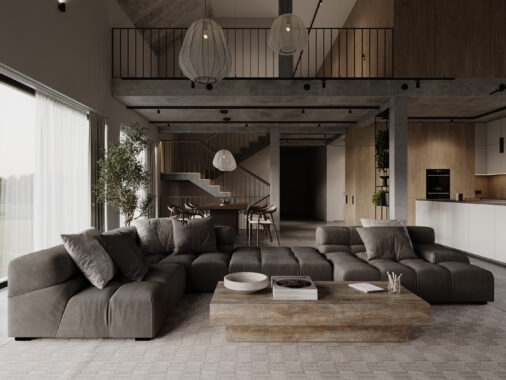 gray sofa and wooden coffee table