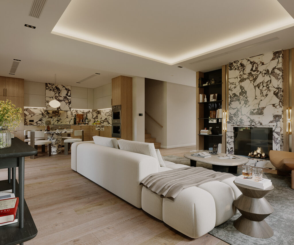 open concept living and kitchen with wooden flooring