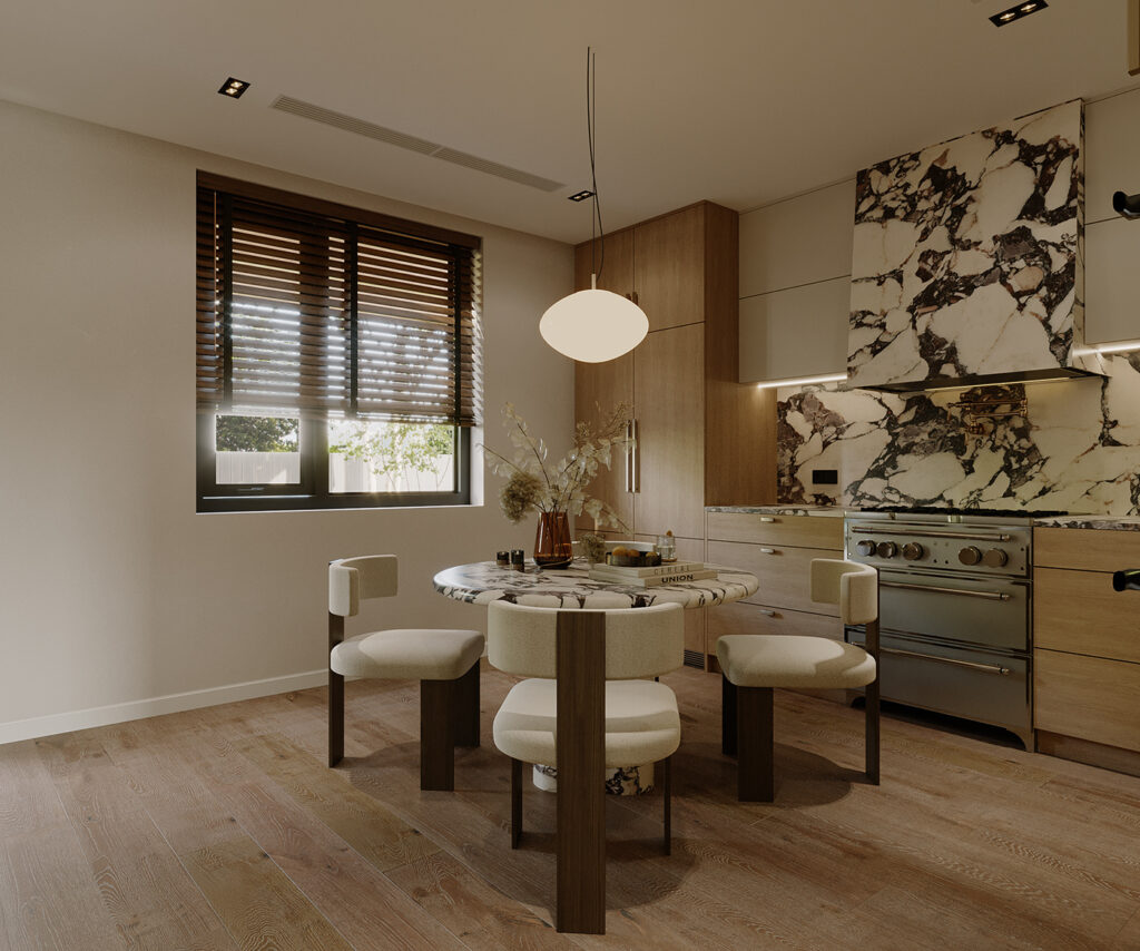wooden cabinetry and marble hood