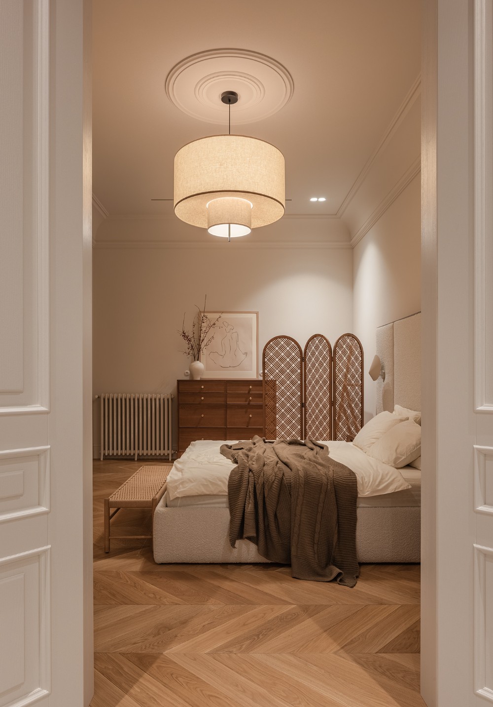 herringbone floor in bedroom